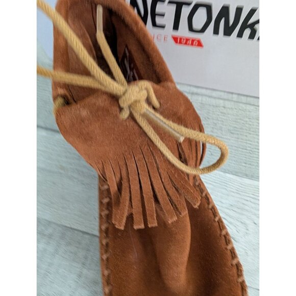 Minnetonka Womens Suede Moccasin Boots  Fringe Size 7 Cinnamon Brown Soft Sole - Picture 5 of 6